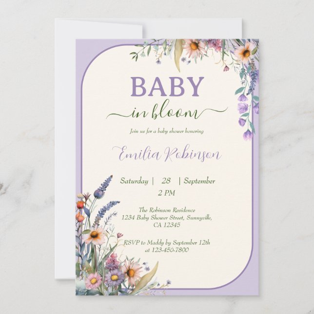 Wildblume Baby in Bloom Dusty Violet Babydusche Einladung (Vorderseite)