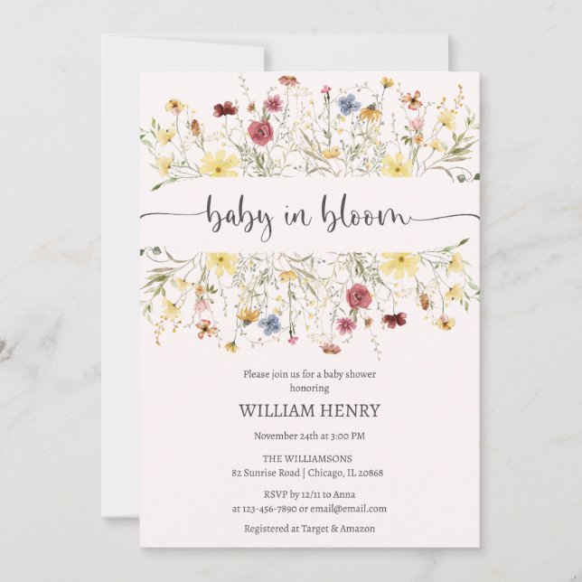 Wildblume Baby in Bloom Spring Floral Babydusche Einladung (Vorderseite)
