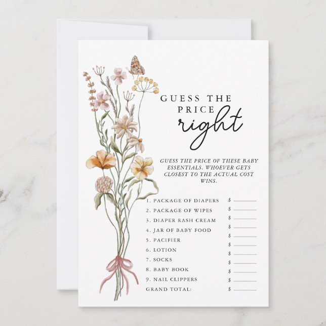 Wildblume Baby Shower Game schätzt die Preiskarte Einladung (Vorderseite)