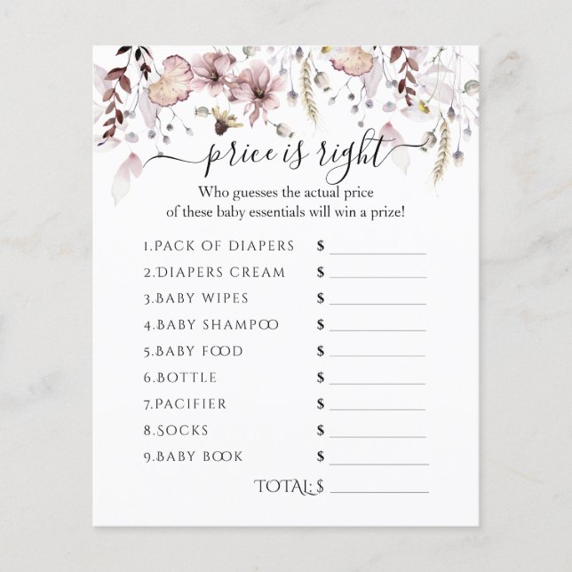 Wildblume Baby Shower Preis für das richtige Spiel (Vorderseite)