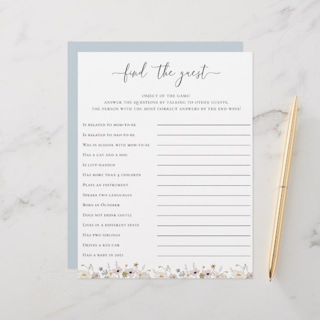 Wildblume Babydusche finden Game (Vorderseite/Rückseite Beispiel)