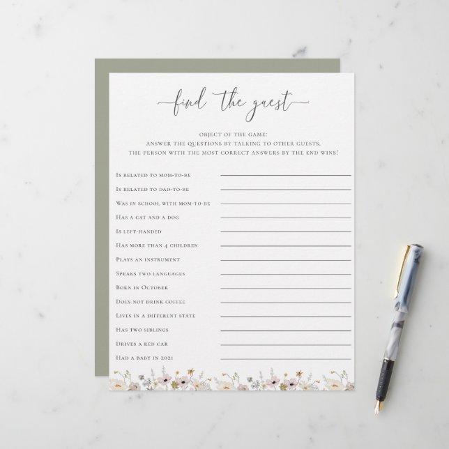 Wildblume Babydusche finden Game (Vorderseite/Rückseite Beispiel)