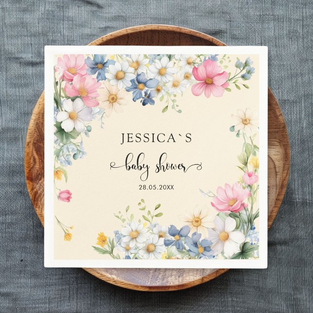 Wildblume, Babydusche Serviette (Customer-specific, cute, wildflower baby shower napkin with your name & date. For girl, boy.)