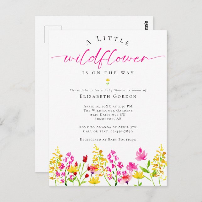 Wildblume Babydusche Wasserfarbe Rosa Niedlich Postkarte (Vorne/Hinten)