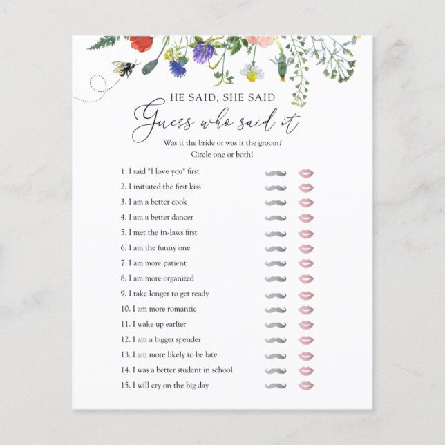 Wildblume Bebe Brautparty Spiel sagte er sagte sie (Vorderseite)