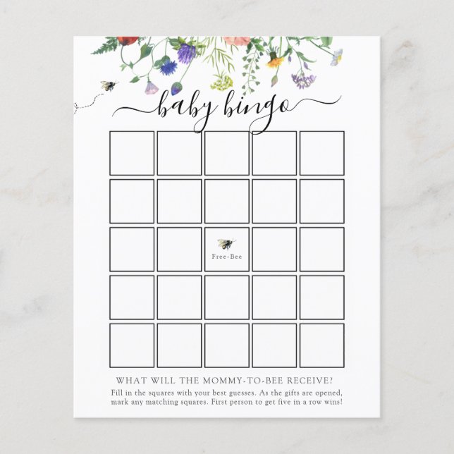 Wildblume Bee Baby Bingo Game Card (Vorderseite)