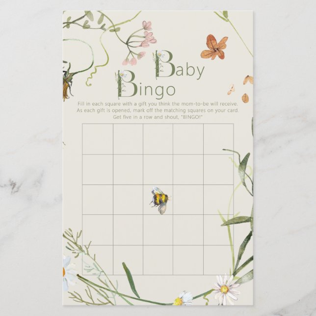 Wildblume Bee Beige Baby Shower Bingo Game Card (Vorderseite)