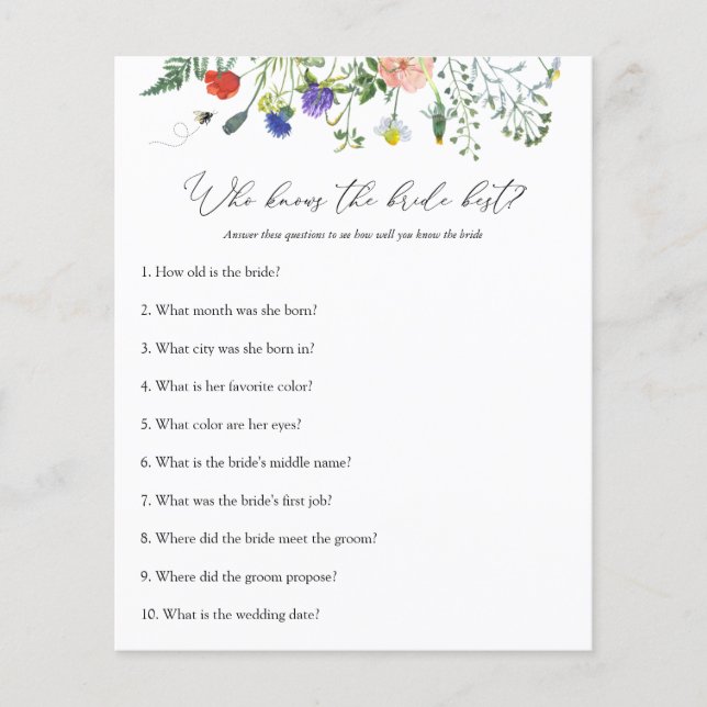 Wildblume Bee Brautparty Game, die Braut kennt (Vorderseite)