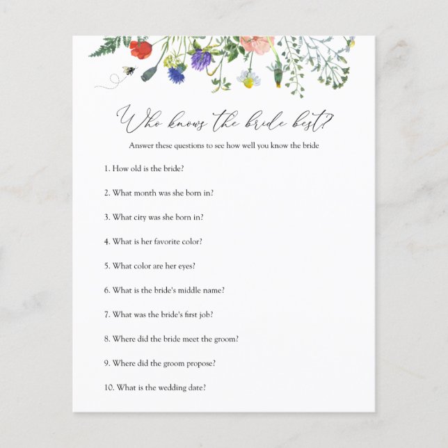 Wildblume Bee Brautparty Game, die Braut kennt (Vorderseite)