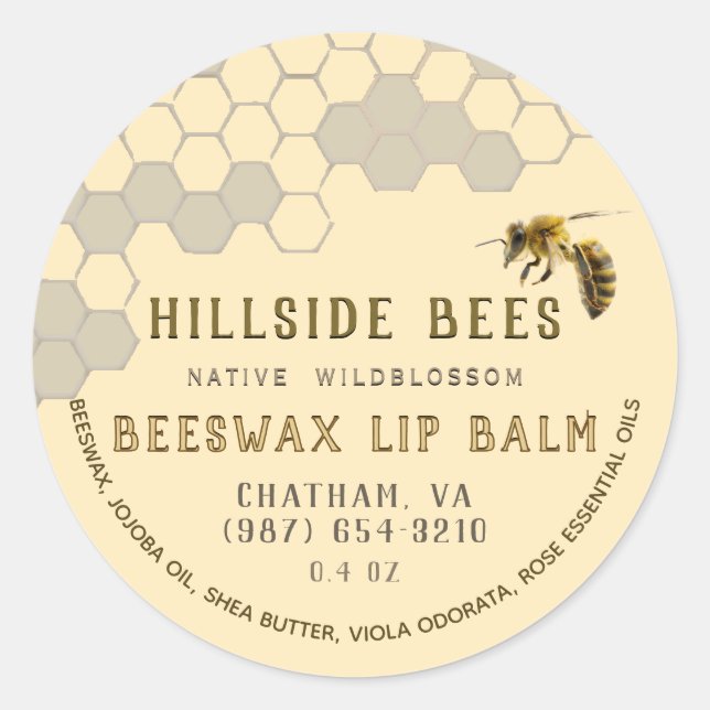 Wildblume BeesWachs Lip Balm Label Honeycomb & Bie Runder Aufkleber (Vorderseite)
