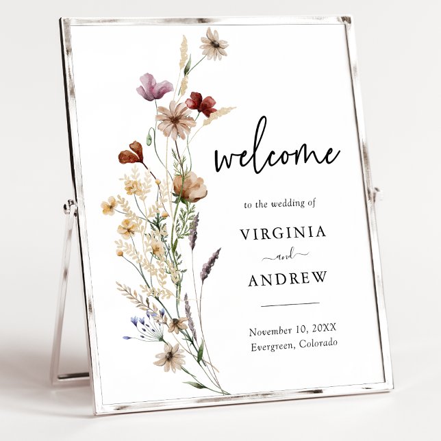 Wildblume Begrüßungspapier Poster (Elegant Boho White Wildflower Welcome Wedding Poster by Painted Paperie
)