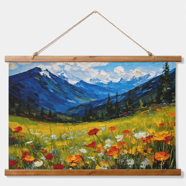 Wildblume Berge Landschaft Wandteppich Mit Holzrahmen (Vorne)