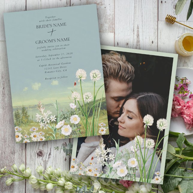 Wildblume Berglandschaft Hochzeitliches Foto Einladung (Wildflower Mountain Landscape Wedding Custom Photo Invitation)