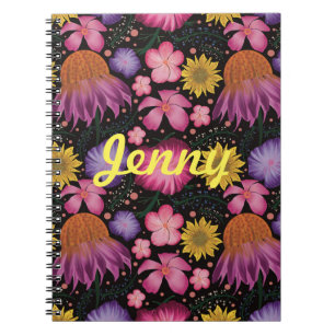 Wildblume Black Floral Personalisiert Notebook Notizblock