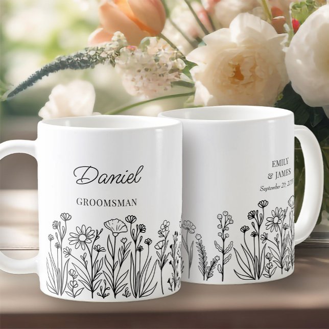 Wildblume Blallen Farblinien Gezeichnet Trauzeuge Kaffeetasse (Wildflower Wedding Party Gift Mug to personalize for your groomsmen, father of the bride etc ..)