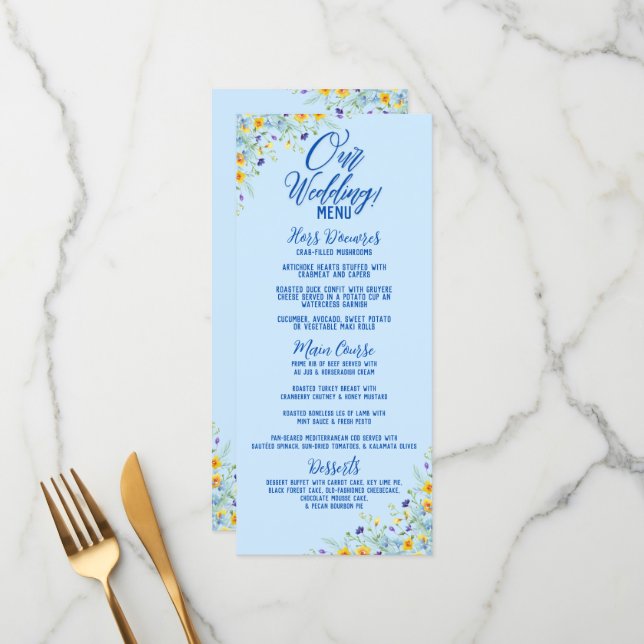 Wildblume Bliss Floral Wedding Menükarte (Vorderseite/Rückseite Beispiel)