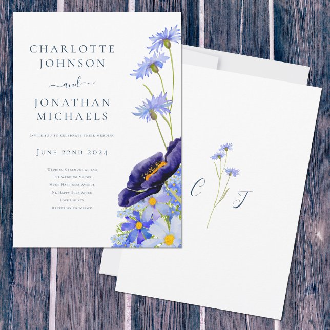 Wildblume Blue Rustic Einladung (Elegant wildflower blue watercolor with bride & groom monogram artwork by artist Catherine Sweetman )