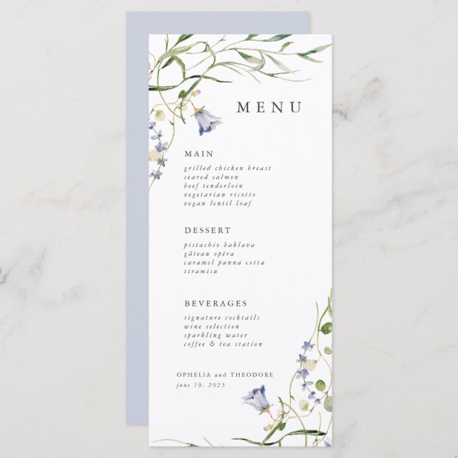 Wildblume Blue Watercolor Elegante Hochzeit Menükarte (Vorne/Hinten)
