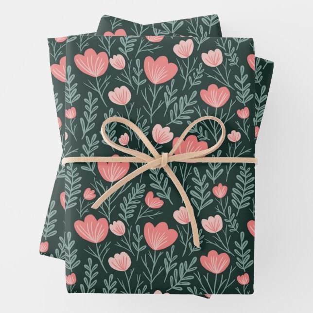 Wildblume blüht schlichtes Rosa Grün Sweet Chic Geschenkpapier Set (Beispiel)