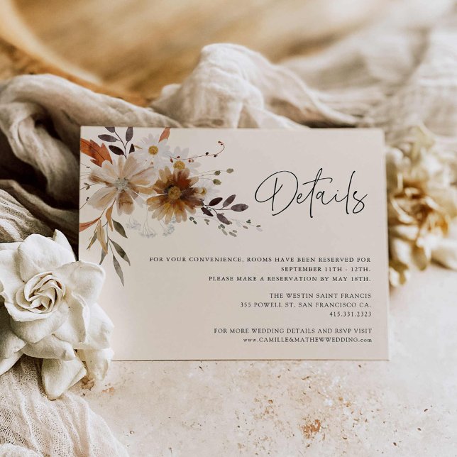 Wildblume Bohemische Hochzeitskarte Begleitkarte (Fall Floral boho Wedding Details Card)