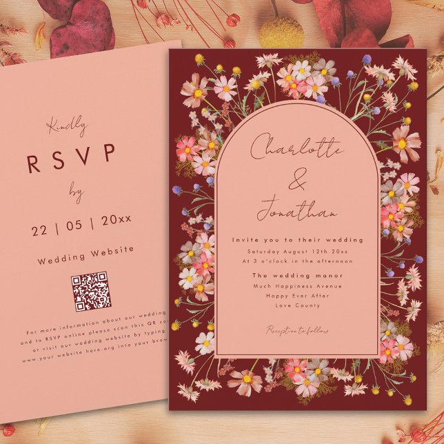 Wildblume Boho Arch Terracotta Peach Hochzeit im H Einladung (Wildflower boho arch terracotta burnt orange fall wedding invitation with whimsical script )