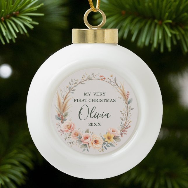 Wildblume Boho Baby First Christmas Personalisiere Keramik Kugel-Ornament (Von Creator hochgeladen)