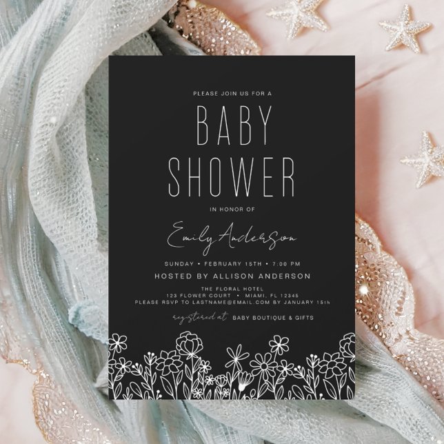 Wildblume Boho Baby Shower Black Elegant Einladung (Von Creator hochgeladen)