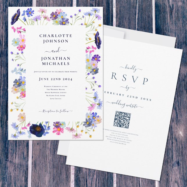 Wildblume Boho Blue QR Code Hochzeit Einladung (Elegant boho chic wildflower watercolor wedding invitation with online rsvp qr code)