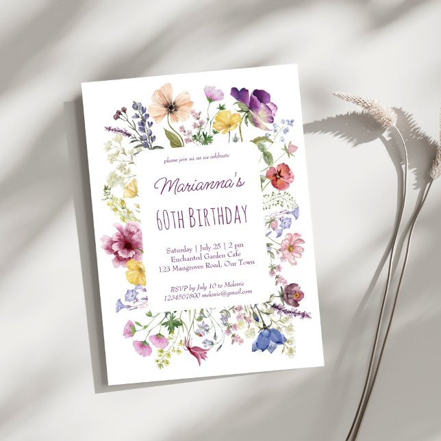 Wildblume boho Blume lila Geburtstagsparty Einladung (Wildflower boho flowers purple plum summer birthday party invitation template instant download)