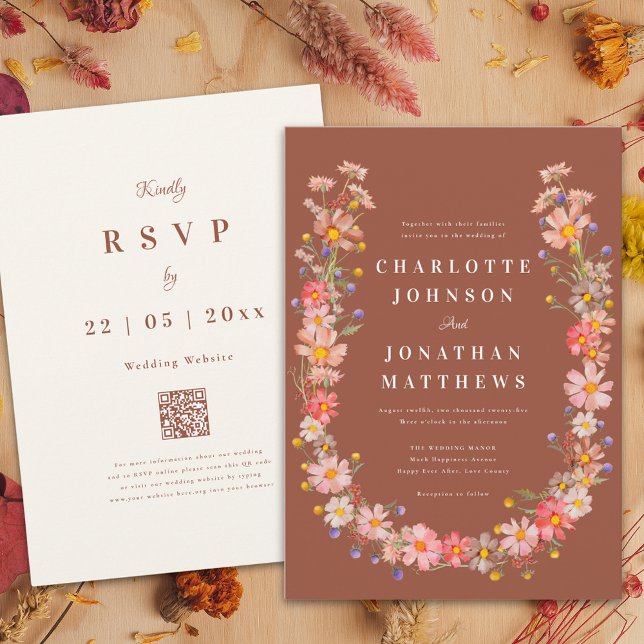 Wildblume Boho Burnt Orange Hochzeit im Herbst Einladung (Elegant wildflower wreath burnt orange terracotta fall wedding invitation )