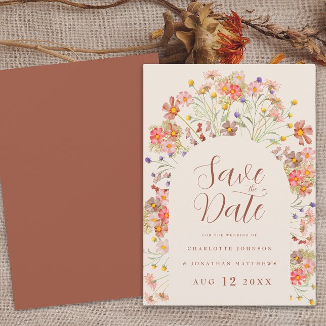 Wildblume Boho Fall Rustikale Hochzeit Save The Date (Floral arch wildflower watercolor boho fall wedding save the date invitation Burnt Orange terracotta)