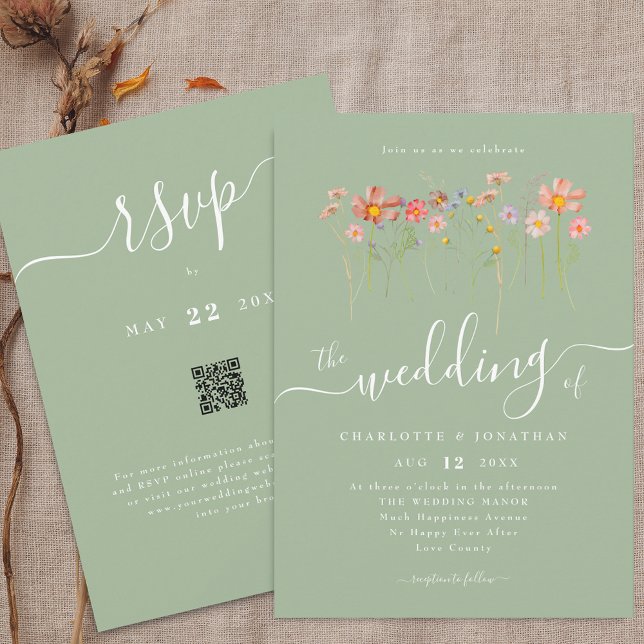 Wildblume Boho Fall Sage Green QR-Code Hochzeit Einladung (Boho fall Wildflower floral sage green Wedding qr code invitation Whimsical elegant modern script)