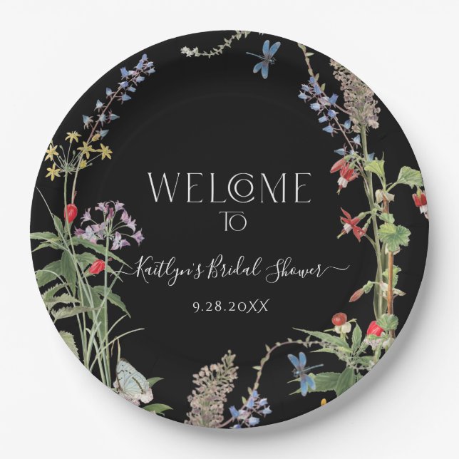 Wildblume Boho Floral Black Welcome Brautparty Pappteller (Vorderseite)