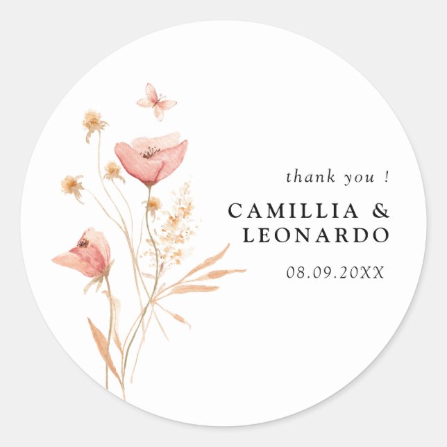 Wildblume Boho Floral Wedding Runder Aufkleber (Vorderseite)