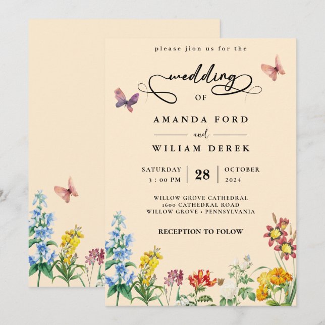 Wildblume Boho Garden Wedding Einladung (Vorne/Hinten)