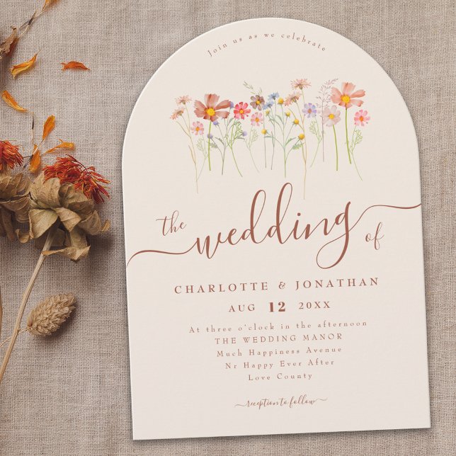 Wildblume Boho Herbst Beige Terrakotta Rost QR-Cod Einladung (Wildflower meadow boho fall floral beige terracotta Wedding arch invitation elegant modern script )
