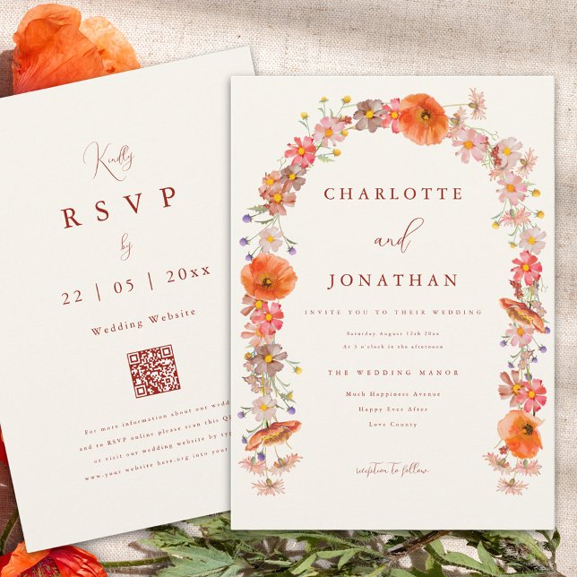 Wildblume Boho Hochzeit im Herbst Einladung (Boho wildflower arch fall wedding invitation orange qr code)