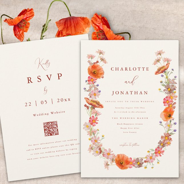 Wildblume Boho Hochzeit im Herbst Einladung (Boho wildflower fall wedding invitation burnt orange script and website qr code)