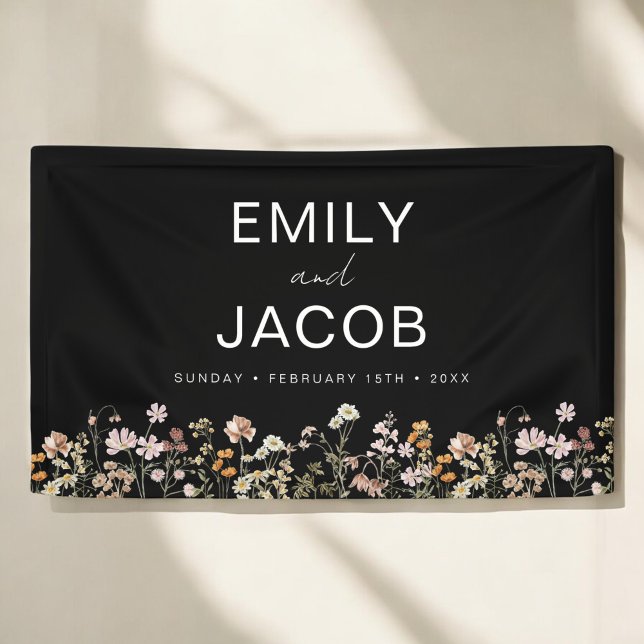 Wildblume Boho Hochzeit in Bloom Schwarz-weiß Banner (Von Creator hochgeladen)