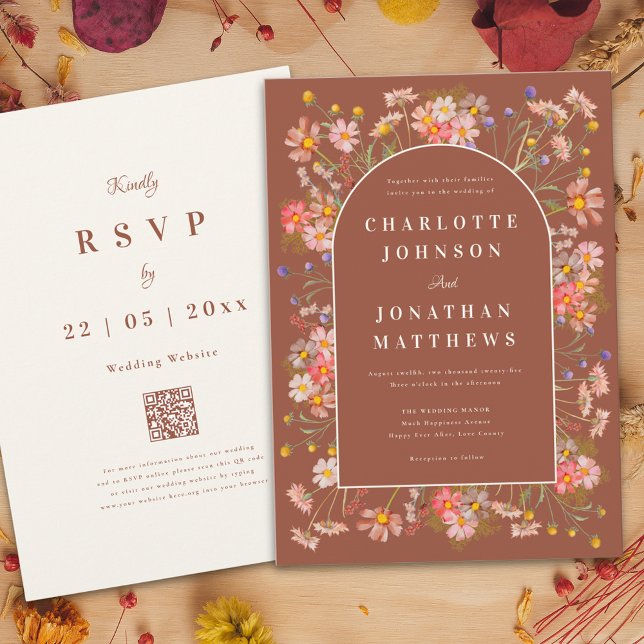 Wildblume Boho Kirche Santa Maria delle Grazie Hoc Einladung (Boho chic wildflower arch terracotta burnt orange beige fall wedding invitation )