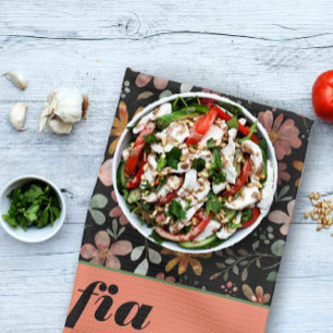 Wildblume-Boho-Muster individuelle Name schwarz Geschirrtuch