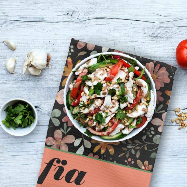 Wildblume-Boho-Muster individuelle Name schwarz Geschirrtuch (Von Creator hochgeladen)