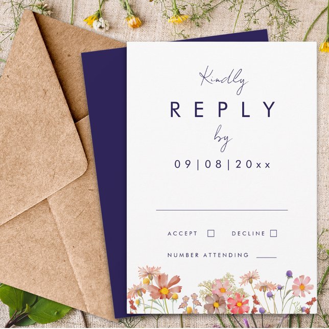Wildblume Boho Navy Blue Hochzeit im Herbst Antwor RSVP Karte (Wildflower boho navy blue terracotta burnt orange fall wedding invitation reply enclosure card rsvp)