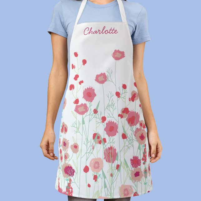 Wildblume Boho Personalisiert Schürze (Personalized custom name wildflower art pink, sage green and white apron)