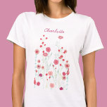 Wildblume Boho Personalisiert T-Shirt<br><div class="desc">Moderne Bohemische botanische Malerei. Hübsche boho lose rosa Blumenkunst. Originelle Kunst von Nic Squirrell. Ändern Sie den Namen,  um ihn zu personalisieren.</div>