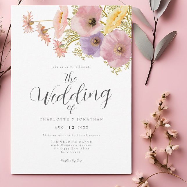 Wildblume Boho Spring Wedding Einladung (Elegant watercolor floral script pastel pink purple yellow peach spring wedding invitation )