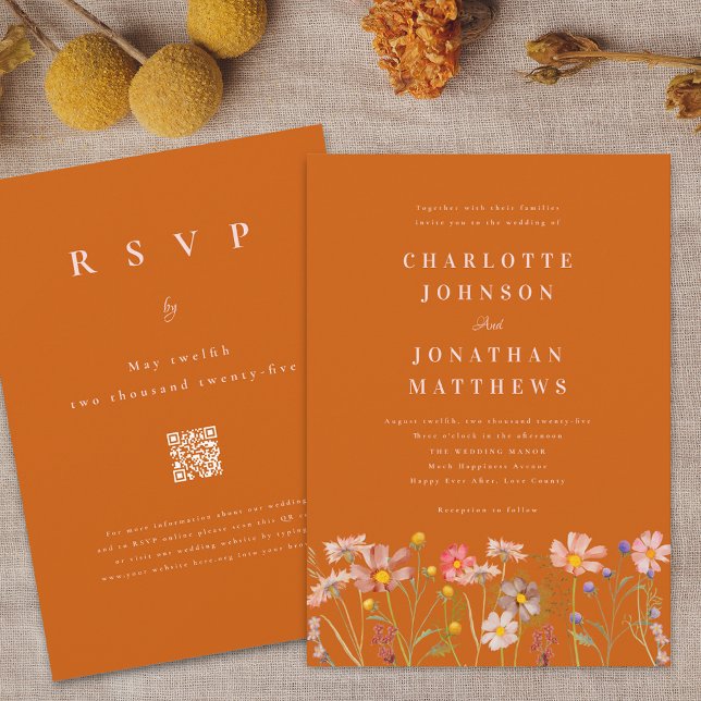 Wildblume Boho Terracotta Burnt Orange Qr Code Einladung (Wildflower boho fall burnt orange rust terracotta blush pink qr code Wedding Invitation watercolor  )