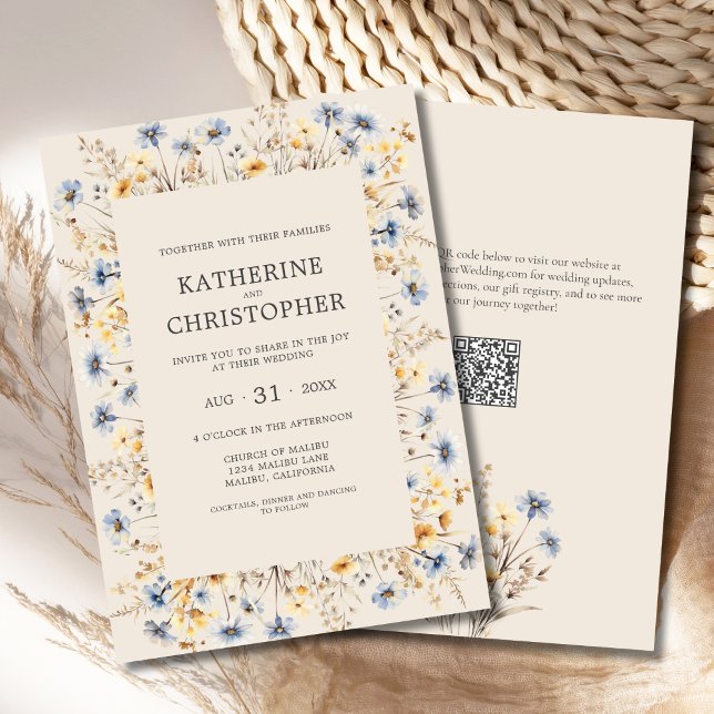 Wildblume BOHO Wasserfarbe Elegante Beige Hochzeit Einladung (BOHO Wildflowers Wedding Invitation with Blue and Yellow Wildflowers, QR Code, Beige Background.)