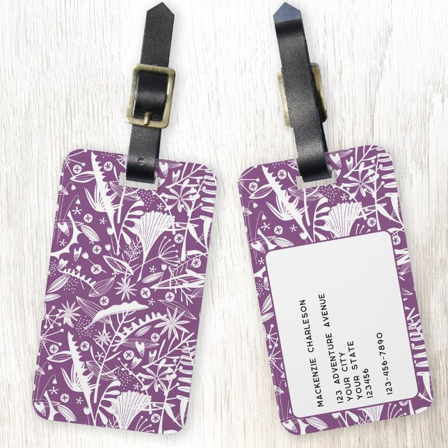 Wildblume Botanischer Plum Lila Personalisiert Gepäckanhänger (Botanical purple and white pattern personalized luggage tag for plant lovers)