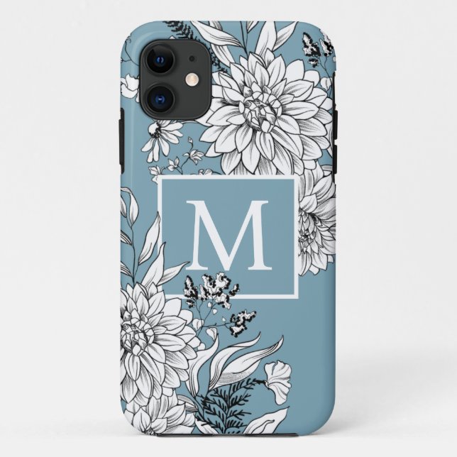 Wildblume Botanisches Monogramm Blau weiß Case-Mate iPhone Hülle (Rückseite)